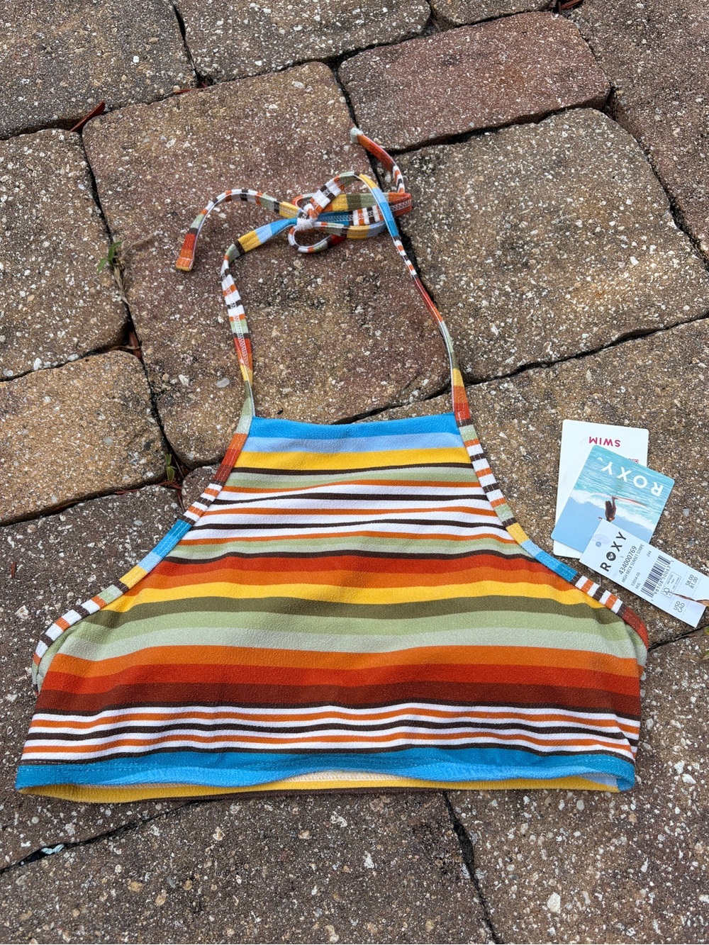 NWT Roxy Sunset Stripe Halter High-Neck Bikini Top - Orange, Teal, Yellow, Green